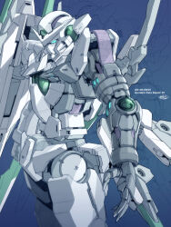  blue_background blue_eyes character_name commentary ebikawa_kanetake english_text gundam gundam_00 gundam_00_festival_10_"re:vision" gundam_exia_repair_iv highres mecha mobile_suit no_humans official_artist_extra robot science_fiction shield signature solo sword upper_body v-fin weapon 