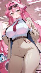  1girl absurdres animal_ears artist_name belt black-framed_eyewear blush breasts brown_belt brown_jacket brown_pants ceiling ceiling_light chattino_(raora_panthera) closed_mouth collared_shirt commentary english_commentary eyewear_on_head fingernails hair_intakes highres hololive hololive_english huge_breasts indoors jacket long_hair long_sleeves looking_at_viewer multicolored_hair nail_polish o-rindou5100 open_clothes open_jacket panther_ears panther_girl panther_tail pants pink_hair pink_nails pink_tail raora_panthera shirt smile streaked_hair sunglasses tail thighs tile_ceiling tiles two-tone_hair virtual_youtuber white_shirt yellow_eyes 