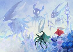  1girl 2others arthropod_girl black_eyes black_skin blue_flower cloak colored_skin cracked_mask field flower flower_field from_side grey_cloak half-siblings height_difference highres hollow_eyes hollow_knight hollow_knight:_silksong hollow_knight_(character) horned_mask hornet_(hollow_knight) horns knight_(hollow_knight) mask morretlin multiple_others red_cloak siblings white_mask 