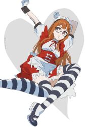 1girl ahoge alternate_costume apron black-framed_eyewear blunt_bangs commentary_request enmaided frilled_apron frills glasses gloves grey_background heart heart_background highres hime_cut long_hair maid maid_headdress orange_hair persona persona_5 petticoat prsnmikuro ribbon sakura_futaba stretching striped_clothes striped_thighhighs thigh-highs thigh_strap violet_eyes waist_apron white_background white_gloves wrist_cuffs 
