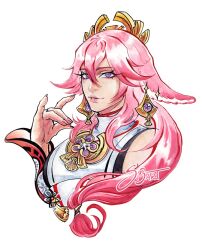  1girl animal_ears breasts commentary cropped_torso detached_sleeves earrings english_commentary floppy_ears fox_ears fox_shadow_puppet genshin_impact hair_between_eyes japanese_clothes jewelry long_hair looking_at_viewer low-tied_long_hair nontraditional_miko painting_(medium) parted_lips pink_hair pink_nails si3art signature simple_background smile solo traditional_media violet_eyes watercolor_(medium) white_background yae_miko 
