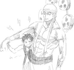 2boys abs bandana bracelet commentary_request drum enel eyelashes greyscale highres instrument jewelry long_earlobes male_focus monkey_d._luffy monochrome multiple_boys one_piece open_mouth pemu_op sash scar scar_on_face short_hair simple_background smile topless_male 