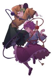  2girls black_hairband black_hat blue_shirt bow buttons collared_shirt commentary_request diamond_button disembodied_linked_eye eyeball frilled_shirt_collar frilled_skirt frilled_sleeves frills full_body green_eyes green_hair green_skirt hair_ornament hairband hat hat_bow heart heart_button heart_hair_ornament highres imkooooww komeiji_koishi komeiji_satori leg_up long_sleeves multiple_girls open_mouth pink_eyes pink_hair pink_skirt shirt shoes siblings simple_background sisters skirt smile socks touhou white_background white_socks wide_sleeves yellow_bow yellow_shirt 