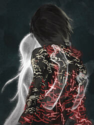  1boy 1girl a1047 black_hair black_skin body_markings brother_and_sister colored_skin ghost highres hug medium_hair nier nier_(series) shadowlord_(nier) siblings standing yonah 
