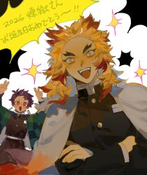  2boys blonde_hair cape commentary demon_slayer_uniform earrings hanafuda_earrings highres jewelry kamado_tanjirou kimetsu_no_yaiba kinokokokotori long_hair multiple_boys open_mouth red_eyes red_hair rengoku_kyoujurou short_hair untranslatable_commentary white_cape yellow_eyes 