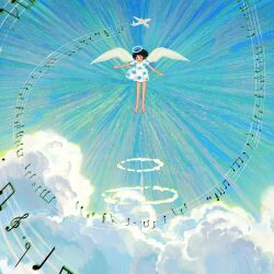  1girl aircraft airplane barefoot black_hair blue_sky clouds commentary dress english_commentary feathered_wings floating floating_hair halo highres medium_hair musical_note original sky solo surprised white_halo white_wings wings yin_0909 