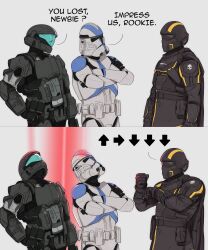  3boys absurdres armor assault_visor black_assault_visor cape clone_trooper crossed_arms crossover gloves halo_(series) helldiver_(helldivers) helldivers_(series) helmet highres looking_at_another looking_up multiple_boys power_armor science_fiction shoulder_armor spartan_(halo) star_wars stormtrooper yellow_assault_visor yoracrab 