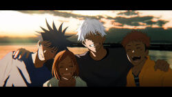  1girl 3boys arashi_(boom_sate225) black_hair black_shirt blue_eyes blue_shirt blush brown_hair closed_eyes clouds commentary_request fushiguro_megumi gojo_satoru green_jacket hair_between_eyes happy itadori_yuji jacket kugisaki_nobara medium_hair multiple_boys orange_jacket parody pink_hair shirt short_hair sky smile style_parody teeth white_hair 
