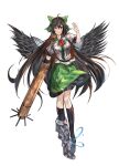  1girl ;) absurdres arm_cannon asymmetrical_legwear bangs bird_wings black_hair black_thighhighs black_wings bow cape closed_mouth collared_shirt full_body green_bow hair_bow hand_up highres long_hair looking_at_viewer mismatched_legwear one_eye_closed po_(anhk5528) red_eyes reiuji_utsuho shirt short_sleeves simple_background smile solo thigh-highs third_eye touhou weapon white_background white_cape white_shirt wings 