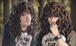  2boys blurry blurry_background bolt brown_hair drawing dual_persona eddie_munson forest foudreika grin highres jewelry long_hair male_focus multiple_boys nature ring screw smile stranger_things upper_body watch watch 