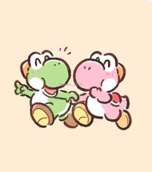  blush closed_mouth commentary_request dinosaur happy highres konata_w1225 no_humans open_mouth pink_yoshi pointing running simple_background super_mario_bros. twitter_username yoshi 