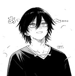  1boy @_@ artist_name centuria_(manga) commentary_request ctqnue dated double-parted_bangs hair_between_eyes lukas_(centuria) male_focus monochrome scar scar_on_neck short_hair solo surprised sweat sweatdrop 
