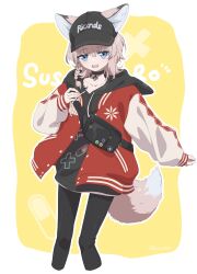 1girl absurdres animal_ears arknights baseball_cap black_hat black_hoodie black_pants blue_eyes braid character_name choker cropped_legs ears_through_headwear fanny_pack flat_chest fox_ears fox_girl fox_tail hat highres hood hoodie jacket long_sleeves looking_at_viewer material_growth medium_hair minowa_sukyaru open_clothes open_jacket open_mouth oripathy_lesion_(arknights) outline pants red_jacket single_braid smile solo sussurro_(arknights) sussurro_(travel_freely)_(arknights) tail twitter_username white_outline 