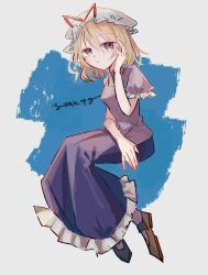  1girl :o black_shoes commentary_request dress frilled_dress frilled_sleeves frills full_body hand_on_own_face hat hat_ribbon highres looking_at_viewer maribel_hearn mary_janes medium_hair mob_cap purple_dress red_ribbon ribbon shoes short_sleeves signature solo touhou violet_eyes white_hair yatsushiki_shigi 