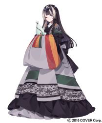  1girl alcohol cup drink hanbok hime_cut hololive juufuutei_raden korean_clothes long_hair multicolored_hair one_eye_closed patterned_clothing regloss_(hololive) sankyaku_tako smile tassel virtual_youtuber white_background wide_sleeves 