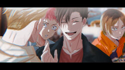  4boys arashi_(boom_sate225) black_jacket blonde_hair brown_hair closed_eyes collared_shirt commentary_request crossover haikyuu!! itadori_yuji jacket jujutsu_kaisen kozume_kenma male_focus mob_psycho_100 multiple_boys nanami_kento open_mouth orange_jacket parody pink_hair red_shirt shimazaki_ryo shirt short_hair smile spiky_hair style_parody sweatdrop teeth white_shirt 