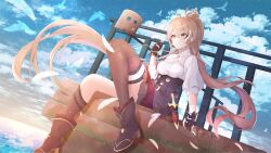  1girl blue_sky boots brown_corset brown_eyes brown_gloves brown_hair ckct5752 cleavage_cutout clothing_cutout commentary corset dagger english_commentary feather_hair_ornament feathers friend_(nanashi_mumei) gloves hair_ornament hairclip highres hololive hololive_english knife long_hair nanashi_mumei nanashi_mumei_(1st_costume) sheath sheathed shirt sky thigh-highs very_long_hair virtual_youtuber weapon white_shirt 