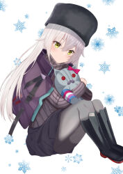  1girl absurdres black_pantyhose charlotta_skopovskaya closed_mouth commentary_request grey_hair hat heaven_burns_red highres holding holding_stuffed_toy hugging_doll hugging_object kosyou21057 long_hair on_ground pantyhose snowflake_background stuffed_toy ushanka white_background yellow_eyes 