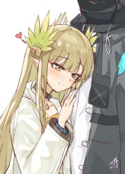  1girl 1other ambiguous_gender arknights black_jacket blush commentary_request doctor_(arknights) elf hair_ornament head_on_chest heart highres hood hooded_jacket infection_monitor_(arknights) jacket laurel_crown laurels leaf_hair_ornament mask masked muelsyse_(arknights) open_clothes open_jacket pointy_ears shirt signature synzmayu white_background white_jacket white_shirt 