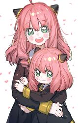  2girls :d ahoge anya_(spy_x_family) black_dress collared_shirt curly_hair dress eden_academy_uniform female_child gold_trim green_eyes hairpods highres hug keita_kg85 medium_hair multiple_girls neck_ribbon older pink_hair red_ribbon ribbon shirt smile spy_x_family time_paradox white_shirt 