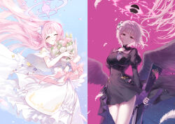  2girls absurdres alternate_costume alternate_hairstyle angel_wings black_dress black_hole black_vs_white black_wings blood blood_on_gun blood_splatter blue_archive blush bouquet breasts brown_eyes capelet commentary cowboy_shot cutting_hair dark_persona dress empty_eyes eshineko feathered_wings floating_hair flower gun hair_bun hair_flower hair_ornament hair_spread_out halo highres holding holding_bouquet holding_gun holding_weapon lanchester_smg large_breasts long_hair low_wings mika_(blue_archive) multiple_girls one_eye_closed open_mouth original_terror_(blue_archive) pink_blood pink_flower pink_hair pink_halo polar_opposites severed_hair short_dress short_hair simple_background single_side_bun smile submachine_gun symmetry teeth thighs trinity_general_school_logo untranslatable_commentary very_long_hair weapon white_capelet white_dress white_flower white_wings wings yellow_eyes 