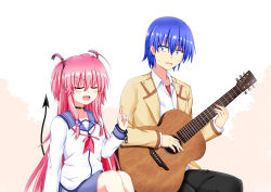  1boy 1girl :d absurdres ahoge angel_beats! black_choker black_pants blue_eyes blue_hair blue_sailor_collar blue_skirt blush choker closed_eyes collared_shirt commentary_request cowboy_shot demon_tail dot_nose eyes_visible_through_hair fang feet_out_of_frame frown guitar hair_between_eyes hand_up highres hinata_hideki holding holding_guitar holding_instrument index_finger_raised instrument jacket long_hair long_sleeves miniskirt neckerchief nose open_clothes open_jacket open_mouth pants pink_neckerchief rectangular_mouth sailor_collar sailor_shirt sekibaracheice shinda_sekai_sensen_uniform shirt short_hair side-by-side sidelocks simple_background sitting skirt smile smug sparkle straight_hair sweatdrop tail tail_raised teaching tsurime two_side_up v-shaped_eyebrows very_long_hair white_background white_shirt yellow_jacket yui_(angel_beats!) 