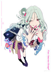  1girl absurdres animal_print aqua_hair bag bag_charm bandaid bandaid_on_arm black_scrunchie black_socks blue_bag blue_hair bow bowtie bracelet breasts character_charm charm_(object) clothes_around_waist collared_shirt commentary_request dot_nose drill_hair english_text eyelashes eyes_visible_through_hair full_body gradient_hair grin gyaru hair_ornament hair_rings hairclip hands_on_own_chin happy heart heart_necklace highres jacket jacket_around_waist jewelry kneehighs knees kogal leaning_forward leopard_print lipstick loafers long_hair looking_at_viewer makeup medium_breasts miniskirt multicolored_hair nail_polish necklace one_eye_closed original pink_bow pink_bowtie pink_eyes pink_lips pink_nails pink_scrunchie pink_skirt plaid_clothes plaid_skirt pleated_skirt print_bow print_bowtie purple_shoes school_bag school_uniform scrunchie shirt shoes short_sleeves simple_background single_hair_ring skirt sleeve_cuffs smile socks solo standing two-tone_hair very_long_hair watermark weibo_username weibo_watermark white_background white_shirt wrist_scrunchie yellow_jacket z3zz4 
