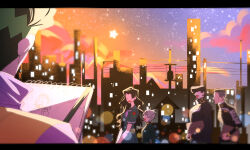  2girls 4boys anchor_ornament big_hair black_coat black_hair blurry bokeh building city clouds coat depth_of_field diamond_wa_kudakenai english_commentary floral_print gakuran green_coat green_hair green_headband grey_hair hairband headband higashikata_josuke high_collar highres hirose_koichi holding holding_sketchbook jj_fgo48 jojo_no_kimyou_na_bouken kishibe_rohan letterboxed long_hair long_sleeves multicolored_hair multiple_boys multiple_girls nijimura_okuyasu open_mouth pompadour rose_print school_uniform short_sleeves sketchbook sky smile star_(sky) star_(symbol) starry_sky sugimoto_reimi sunset two-tone_hair yamagishi_yukako 
