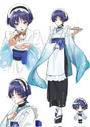  1boy animal_print apron bird_print black_choker black_hakama black_sandals black_sash blue_kimono blue_sash blue_sleeves blunt_ends blush chibi chibi_inset choker clenched_hand closed_mouth commentary_request crossdressing crossdressing_(mtf) dango enmaided eyeliner fingernails food four-finger_heart_hands frilled_choker frills genshin_impact gold hair_intakes hakama hand_on_own_chest hand_on_own_stomach hands_up heart heart_hands highres holding holding_food holding_tray incoming_food japanese_clothes kimono long_sleeves lower_teeth_only maid makeup male_focus male_maid mitarashi_dango multiple_views obi obiage obijime okobo open_hand open_mouth platform_sandals purinigax purple_hair red_eyeliner sandals sash scaramouche_(genshin_impact) solo tabi teeth tray tsurime violet_eyes wa_maid wagashi waist_apron white_apron white_background wide_sleeves wispy_bangs 