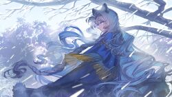  1girl absurdres animal_ears arknights bare_tree blue_cape blue_eyes braid braided_sidelocks cape cowboy_shot day from_side grey_hair grey_sky highres jewelry long_hair natsuba002 necklace official_alternate_costume outdoors pramanix_(arknights) pramanix_the_prerita_(arknights) profile sidelocks sky snow snow_leopard_ears snow_leopard_girl snowing solo tiara tree very_long_hair 