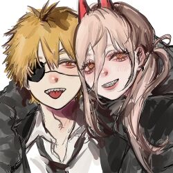  1boy 1girl black_coat blonde_hair blush chainsaw_man coat collared_shirt couple cross_in_eye demon_horns denji_(chainsaw_man) english_commentary eyebrows_hidden_by_hair eyepatch hair_between_eyes highres horns leigh_113n long_hair looking_at_viewer pink_hair ponytail power_(chainsaw_man) red_horns sharp_teeth shirt short_hair simple_background spiky_hair teeth white_background white_shirt yellow_eyes 