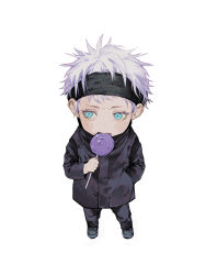  1boy aged_down black_hairband black_jacket black_pants black_shoes blue_eyes candy commentary_request eating facing_viewer food full_body gojo_satoru hairband high_collar highres jacket jujutsu_kaisen lollipop looking_to_the_side male_focus pants shoes short_hair simple_background solo usaginu white_background white_hair 