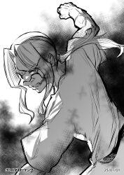  1boy akinaie angry centuria_(manga) clenched_hand clouds commentary_request dark_cloud dated facing_to_the_side fighting_stance highres incoming_attack incoming_punch julian_(centuria) long_hair looking_at_viewer male_focus multiple_scars parted_hair ponytail punching scar scar_on_arm shirt solo 