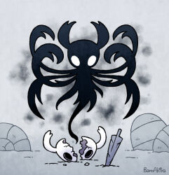  1other bano_akira black_eyes commentary_request cracked_mask hollow_eyes hollow_knight knight_(hollow_knight) mask nail_(hollow_knight) old_nail_(hollow_knight) smoke spoilers void_entity_(hollow_knight) white_eyes white_mask 