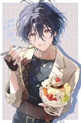  1boy bear belt belt_buckle black_belt blue_hair border brown_gloves buckle character_name cherry commentary cup curtained_hair dated ensemble_stars! fingerless_gloves food fruit gloves hair_between_eyes happy_birthday heart holding holding_cup holding_spoon jacket jewelry lapels looking_at_viewer male_focus mc_copycat mole mole_on_neck necklace notched_lapels open_clothes open_jacket orange_hair outside_border pudding ring short_hair solo spoon three-quarter_sleeves tongue tongue_out tsuzura_chitose untranslatable_commentary upper_body whipped_cream white_border 