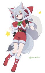  1girl absurdres ahoge animal_ears black_gloves boots bow bowtie capelet carrying_over_shoulder choker closed_mouth fox_ears fox_girl fox_tail full_body fur-trimmed_gloves fur_trim gloves grey_hair hair_ornament hairclip hand_on_own_hip head_tilt highres holding holding_sack looking_at_viewer minowa_sukyaru miwa_kitsune-chan original pom_pom_(clothes) red_boots red_eyes red_shirt red_shorts sack santa_costume shirt short_hair shorts simple_background smile solo star_(symbol) tail twitter_username white_background 