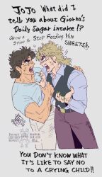  2boys anger_vein angry arguing blonde_hair dio_brando ear_birthmark english_text jojo_no_kimyou_na_bouken jonathan_joestar male_focus multiple_boys phantom_blood shirt shouting t-shirt tmblyeet vest 