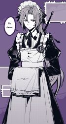  1boy absurdres apron black_dress closed_mouth collared_shirt cowboy_shot crossdressing crossdressing_(mtf) dress english_text enmaided expressionless frilled_apron frills greyscale_with_colored_background highres jitome juliet_sleeves limbus_company long_dress long_hair long_sleeves low_ponytail lucio_(project_moon) maid maid_apron maid_headdress male_focus male_maid monochrome n0r0sh1 neck_ribbon parted_bangs ponytail project_moon puffy_sleeves purple_background ribbon shirt solo speech_bubble sword sword_on_back towel towel_on_arm unamused weapon weapon_on_back 