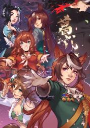  6+girls ahoge aiguillette animal_ears aqua_ascot ascot asymmetrical_jacket black_hair black_jacket black_skirt blue_ascot blue_bow blue_eyes bow braid braided_bun breasts brown_hair brown_sailor_collar buttons cape choker closed_mouth commentary cropped_jacket double-breasted ear_bow earrings english_commentary epaulettes gloves green_eyes green_jacket green_shirt grey_shirt hair_between_eyes hair_bun hair_ornament hat horse_ears horse_girl horse_tail jacket jewelry katsuragi_ace_(dragon_rising_to_the_top)_(umamusume) katsuragi_ace_(umamusume) large_breasts long_hair long_sleeves lyr_(lurrkingly) maruzensky_(formula_r)_(umamusume) maruzensky_(umamusume) medal medium_breasts mejiro_ramonu_(onyx_line)_(umamusume) mejiro_ramonu_(umamusume) midriff mini_hat mini_top_hat mole mole_under_eye mr._c.b._(clear_bliss)_(umamusume) mr._c.b._(umamusume) multicolored_hair multiple_girls open_mouth pendant_choker ponytail red_cape red_eyes red_jacket red_serafuku red_shirt red_skirt sailor_collar school_uniform serafuku shirt side_cape single_bare_shoulder single_earring single_epaulette single_sleeve sirius_symboli_(feroce)_(umamusume) sirius_symboli_(umamusume) skirt smile strapless strapless_shirt streaked_hair striped_hair symboli_rudolf_(emperor's_path)_(umamusume) symboli_rudolf_(umamusume) tail tassel tassel_hair_ornament top_hat umamusume violet_eyes white_ascot white_gloves white_hair white_jacket yellow_choker 
