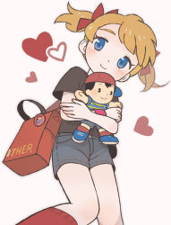  1girl ana_(mother) bag black_shirt blue_eyes blush character_doll closed_mouth commentary_request doll grey_shorts heart looking_at_viewer mother_(series) mother_1 ninten red_socks shirt short_hair shorts smile socks tanba_(tanba-art) twintails wristband 