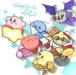  anniversary armor bat_wings blue_eyes blush boots c5mnno closed_eyes driving flying gloves glowing glowing_eyes hammer happy hat highres king_dedede kirby kirby_(series) kirby_air_ride looking_to_the_side mask meta_knight open_mouth shoulder_armor shoulder_pads smile smirk star_(symbol) teeth tongue weapon wheel wings yellow_eyes 