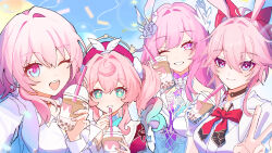  4girls ;o amaebi0709 animal_ears aqua_eyes aqua_hair blue_sky bow bowtie braid breasts bubble_tea color_connection commentary_request cup cyrene_(demiurge)_(honkai:_star_rail) cyrene_(honkai:_star_rail) diamond-shaped_pupils diamond_(shape) disposable_cup dress evanescia_(honkai:_star_rail) fox_ears fox_girl hair_color_connection highres holding holding_cup honkai:_star_rail honkai_(series) hyacine_(honkai:_star_rail) long_hair looking_at_viewer march_7th_(honkai:_star_rail) medium_breasts multicolored_eyes multicolored_hair multiple_girls one_eye_closed pink_hair portrait red_bow red_bowtie red_hair shirt sky smile symbol-shaped_pupils twin_braids twintails two-tone_eyes two-tone_hair very_long_hair violet_eyes white_dress white_shirt 