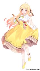  1girl blonde_hair commentary flute hair_ornament hanbok highres holding holding_flute holding_instrument hololive instrument korean_clothes light_blush long_hair musical_note musical_note_print one_eye_closed open_mouth otonose_kanade red_eyes regloss_(hololive) sankyaku_tako shoes tassel virtual_youtuber white_background 