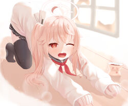  1girl absurdres ahoge all_fours black_thighhighs blue_archive commentary_request fang halo highres long_hair natsu_(blue_archive) one_eye_closed open_mouth ramuneru red_eyes skin_fang solo thigh-highs window yawning 