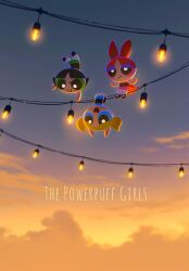  3girls absurdres black_hair black_shoes blonde_hair blossom_(ppg) blue_dress blue_eyes blunt_bangs blunt_ends bow bubbles_(ppg) buttercup_(ppg) closed_mouth commentary_request copyright_name dress frown green_dress green_eyes hair_bow half-closed_eyes highres long_hair mary_janes multiple_girls noah_(rokoroko) open_mouth orange_hair pantyhose parted_bangs pink_dress pink_eyes powerpuff_girls red_bow shoes short_hair siblings sisters sleeveless sleeveless_dress smile string_lights sunset twintails upside-down white_pantyhose 