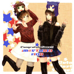 2girls ? black_boots black_choker black_sweater boots border brown_hair chibi chibi_on_head chihyaa choker closed_mouth commentary_request double_ok_sign hands_up haruka-san idolmaster idolmaster_(classic) imai_asami knee_boots leg_up long_hair long_sleeves looking_at_another multicolored_skirt multiple_girls nakamura_eriko nako_(nonrain) ok_sign on_head outside_border plaid_clothes plaid_skirt puchimasu! real_life red_sweater short_hair skirt standing standing_on_one_leg star_(symbol) straight_hair sweater thigh_boots voice_actor voice_actor_connection white_border white_skirt 