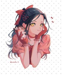  1girl ben-day_dots black_hair bow bow_earrings character_doll choker closed_mouth commentary cropped_torso doll earrings eyelashes forehead gloves hair_bow half_updo hands_up highres holding holding_doll jewelry kamisaki_hikaru long_hair medalist_(manga) ninfea_9 red_bow red_choker red_gloves red_shirt screentones shirt short_sleeves solo twitter_username untranslatable_commentary white_background yellow_eyes yuitsuka_inori 