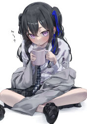  1girl absurdres black_hair black_shoes blue_necktie blue_streaks blush commentary_request cup full_body grey_jacket highres holding holding_cup ichinose_uruha indian_style jacket jacket_partially_removed loafers long_hair long_sleeves looking_at_viewer multicolored_hair necktie sakahana shirt shoes simple_background sitting solo streaked_hair twintails violet_eyes virtual_youtuber vspo! white_background white_shirt 
