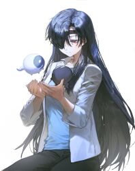  1girl asa_(yomi_no_tsugai) black_hair black_pants blue_shirt blush breasts closed_mouth colored_eyelashes cupping_hands daifuku_(yomi_no_tsugai) eyepatch hair_between_eyes hair_over_one_eye half-closed_eye hands_up highres jacket long_hair looking_at_another mole mole_under_mouth ohagi_(yomi_no_tsugai) one_eye_covered open_clothes own_hands_together pants parted_hair quasarcake red_eyes shirt side_part sidelocks simple_background sitting smile solo straight_hair three-quarter_sleeves very_long_hair white_background white_jacket yomi_no_tsugai 