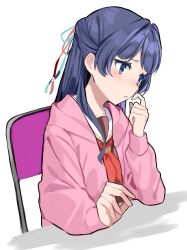  1girl :t bloom_garden_party_jacket blue_eyes blue_hair blue_ribbon blush chair embarrassed folding_chair hair_intakes hair_ribbon half_updo hand_up highres kai_(shell) long_sleeves love_live! love_live!_hasu_no_sora_jogakuin_school_idol_club love_live!_hasu_no_sora_jogakuin_school_idol_club_bloom_garden_party murano_sayaka on_chair red_ribbon ribbon simple_background sitting solo upper_body virtual_youtuber white_background 